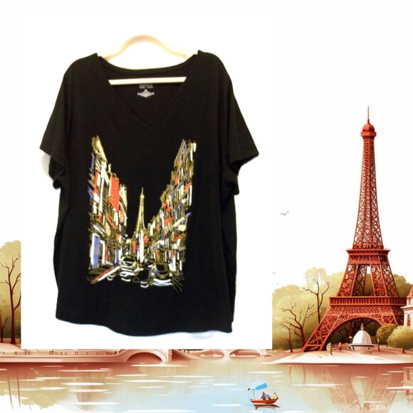 Used Women's 3X Evri Relaxed Fit Black V-Neck Eiffel Tower T-Shirt - Picture 1 of 5